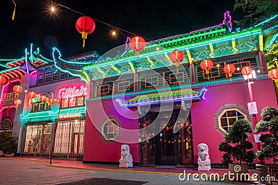 Exterior of Chinatown Central Plaza neon lights of building in Los Angeles, California Editorial Stock Photo