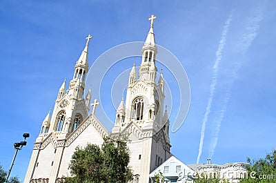 Exterior of church with steeples in San Francisco, California Stock Photo