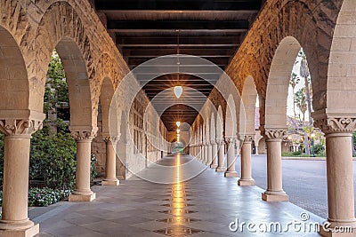 Exterior colonnade hallway of Stanford University Campus Building Editorial Stock Photo