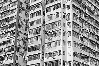 Exterior of crowded high rise residential building in Hong Kong city Stock Photo