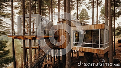 The exterior design of modern wooden Scandinavian treehouse with tall trees in forest and lake view. Generative AI AIG30 Stock Photo