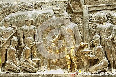 Exterior detail of the Don Chedi monument bas-relief decoration in Suphan Buri, Thailand. Editorial Stock Photo