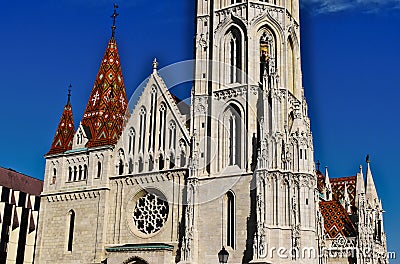 Exterior detail of the Matthias Church in Budapest. neo gothic style stone elevation. famous landmark Stock Photo