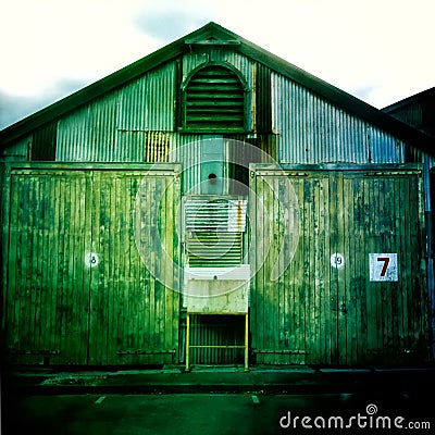 Exterior detail view of abandoned industrial buildings Stock Photo