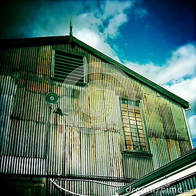 Exterior detail view of abandoned industrial buildings Stock Photo