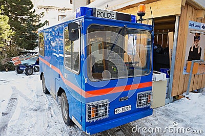 Exterior of the electric police car parked at the street in Zermatt, Switzerland. Editorial Stock Photo