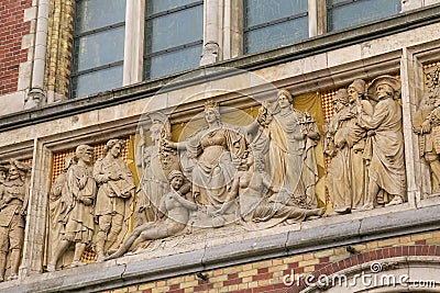 Exterior elements of the Rijksmuseum Dutch national museum of arts and history in Amsterdam. Editorial Stock Photo