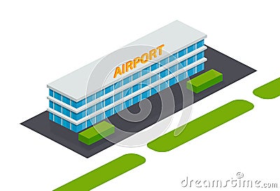 Exterior of facade, building of airport with aerodrome, surrounding area. Vector Illustration