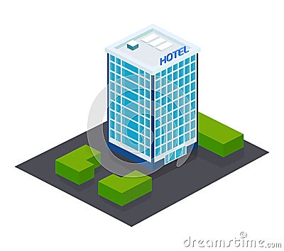 Exterior of facade, building of hotel, with adjacent territory, landscape. Vector Illustration