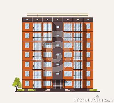 Exterior or facade of tall city apartment building built with concrete prefabricated panels or blocks in modern Vector Illustration