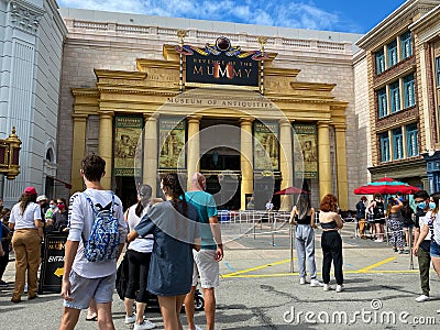 The exterior of the fast paced scary Mummy themed rollercoaster ride at Universal Studios Editorial Stock Photo