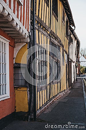 Exterior of half-timbered colourful medieval houses in Lavenham, Suffolk, UK Stock Photo