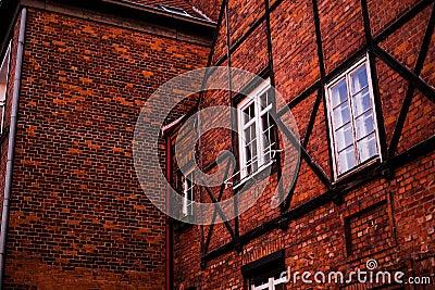 Exterior of half-timbered houses on the streets of the European old town. Stock Photo
