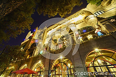 Exterior of the Historical Mission Inn during twilight Stock Photo