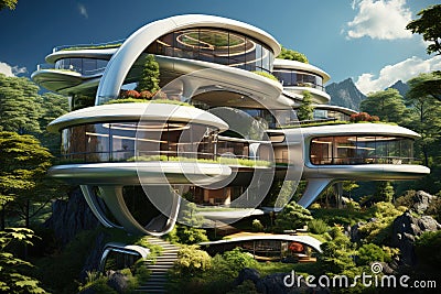 Exterior of the house of the future in harmony with nature Stock Photo