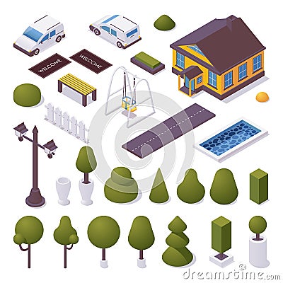 Exterior isometric set with townhouse, trees, pool, car and decoration. Vector 3d collection Stock Photo