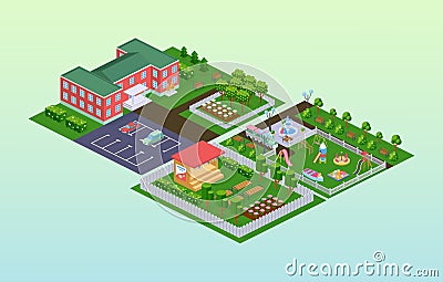 Exterior kindergarten school isometric. Facade outdoor building studying or entertainment children Vector Illustration