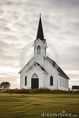 Exterior of little white country church building on a sunny day with white clouds Stock Photo