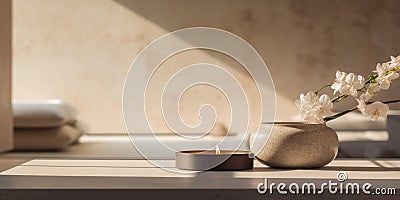Exterior of luxury spa resort with close up of elegant zen inspired objects, Concept of mindfulness, AI generated Stock Photo