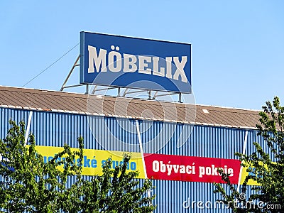 The exterior of Mobelix furniture store in Ostrava with a large banner Editorial Stock Photo