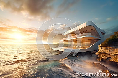 Exterior of modern luxury minimalist white villa with swimming pool on a cliff by the sea water at sunset. Rich house with round Stock Photo