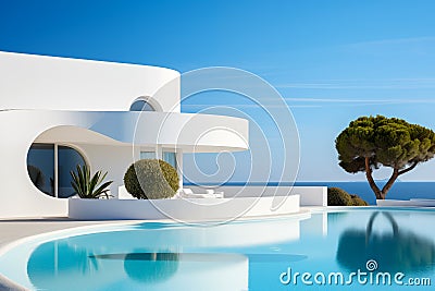 Exterior of modern minimalist white villa with pool. A luxurious house with curved shapes, located on the coast of the ocean. Stock Photo