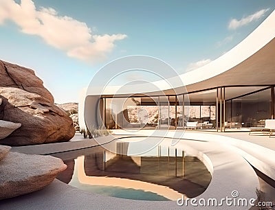 Exterior of modern minimalist white villa with swimming pool and terrace. Rich house with round curved shapes in desert among Stock Photo