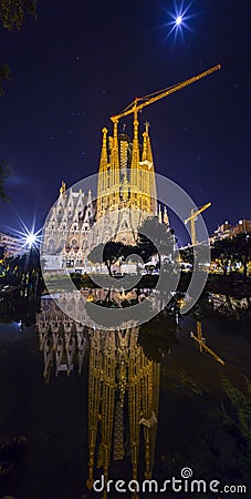 Exterior night view from La Sagrada Familia Basilica in Barcelona, Spain Editorial Stock Photo