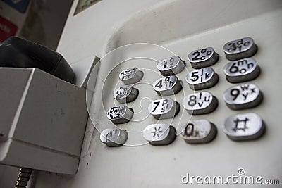 Public telephone blue booth - Exterior Stock Photo