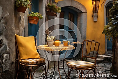 the exterior of an outdoor cafe in the old town, a table and chairs on the street, cozy, decorated with flowers and old Stock Photo