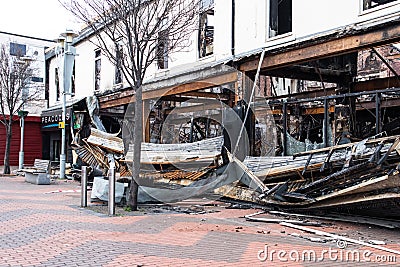 Exterior outside shot of Peacocks Clothing Store in Blanford Street after being destroyed by fire January 23 2019 Editorial Stock Photo