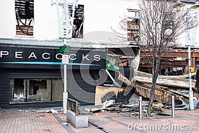 Exterior outside shot of Peacocks Clothing Store in Blanford Street after being destroyed by fire Editorial Stock Photo