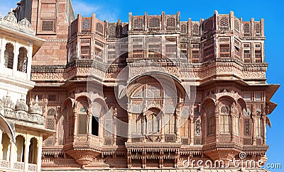 Exterior of palace in famous Mehrangarh Fort in Jodhpur, Rajasthan state, India Stock Photo
