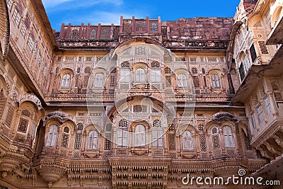 Exterior of palace in famous Mehrangarh Fort in Jodhpur, Rajasthan state, India Stock Photo