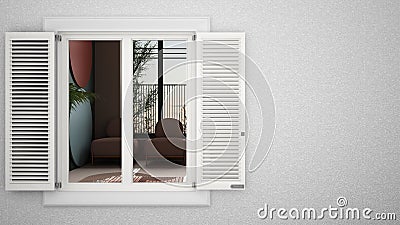 Exterior plaster wall with white window with shutters, showing interior colored living room, blank background with copy space, Stock Photo