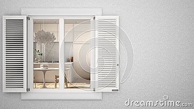 Exterior plaster wall with white window with shutters, showing interior dining room, blank background with copy space, Stock Photo