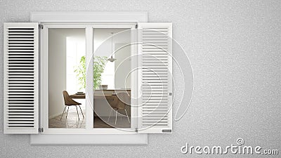 Exterior plaster wall with white window with shutters, showing interior modern kitchen, blank background with copy space, Stock Photo