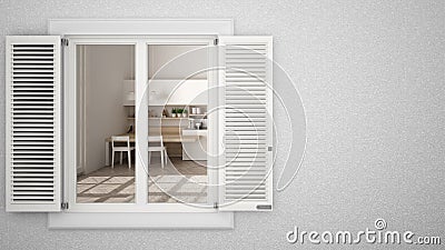 Exterior plaster wall with white window with shutters, showing interior modern kitchen, blank background with copy space, Stock Photo