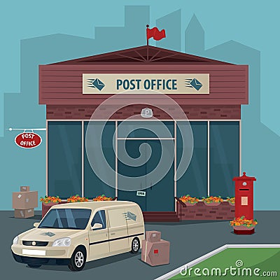 Exterior of post office and car of postal service Vector Illustration