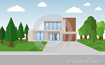 Exterior of the residential house, front view. House with large garden on a street in summer. Vector illustration Vector Illustration