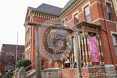 Exterior of Rotary Jail Museum with sign Editorial Stock Photo