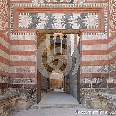 Exterior shot of entrance of Al-Muayyad Bimaristan historic hospital building, Darb Al Labana district, Old Cairo, Egypt Stock Photo