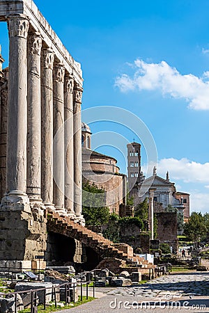 Exterior side view of ancient colonnade of roman temple Stock Photo