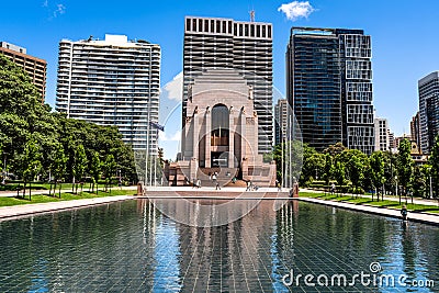 Exterior view of ANZAC war memorial in Hyde park with water pond in the front in Sydney Australia Editorial Stock Photo