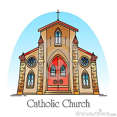 Exterior view on christian church in thin line Vector Illustration