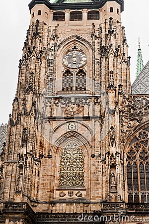 Exterior view clock tower of St. Vitus Cathedral, Prague, Czech Republic Stock Photo