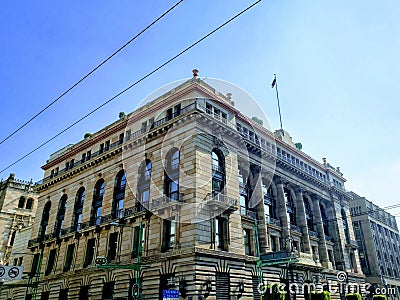 exterior view of the facade of the building of the Bank of Mexico, in the historical center of Mexico City Editorial Stock Photo