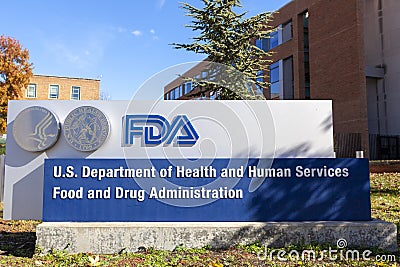 Exterior view of the headquarters of US Food and Drug Administration (FDA building and FDA sign) Editorial Stock Photo