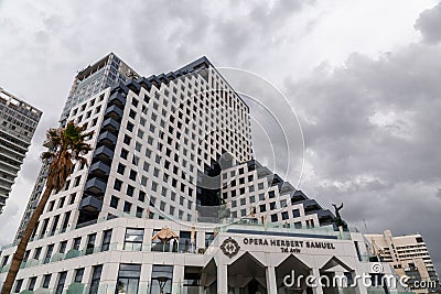 Exterior view of the Herbert Samuel Opera building, today used as a luxury hotel on the promenade of Tel Aviv beach, Israel Editorial Stock Photo