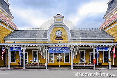 Exterior view of a historic, timber-built railroad station. Editorial Stock Photo